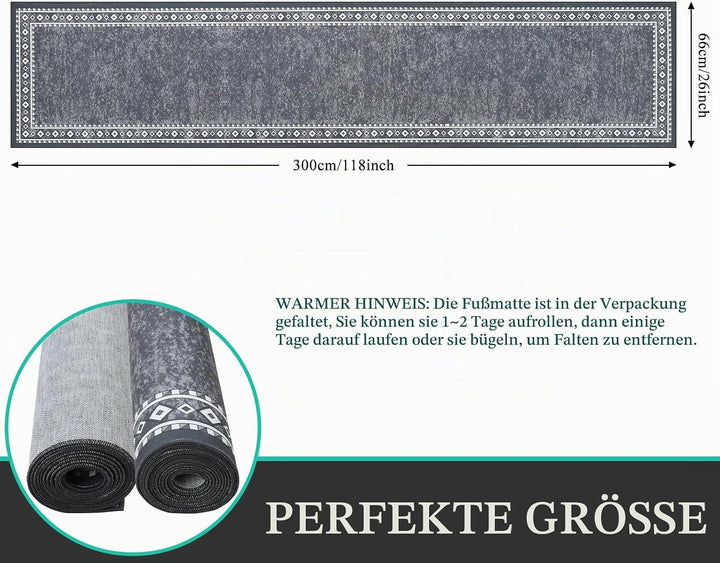 Enyhom Lang Teppich Läufer 66 x 300 cm Waschbar rutschfest Läufer Flur Teppich Küchenläufer dauerhaf