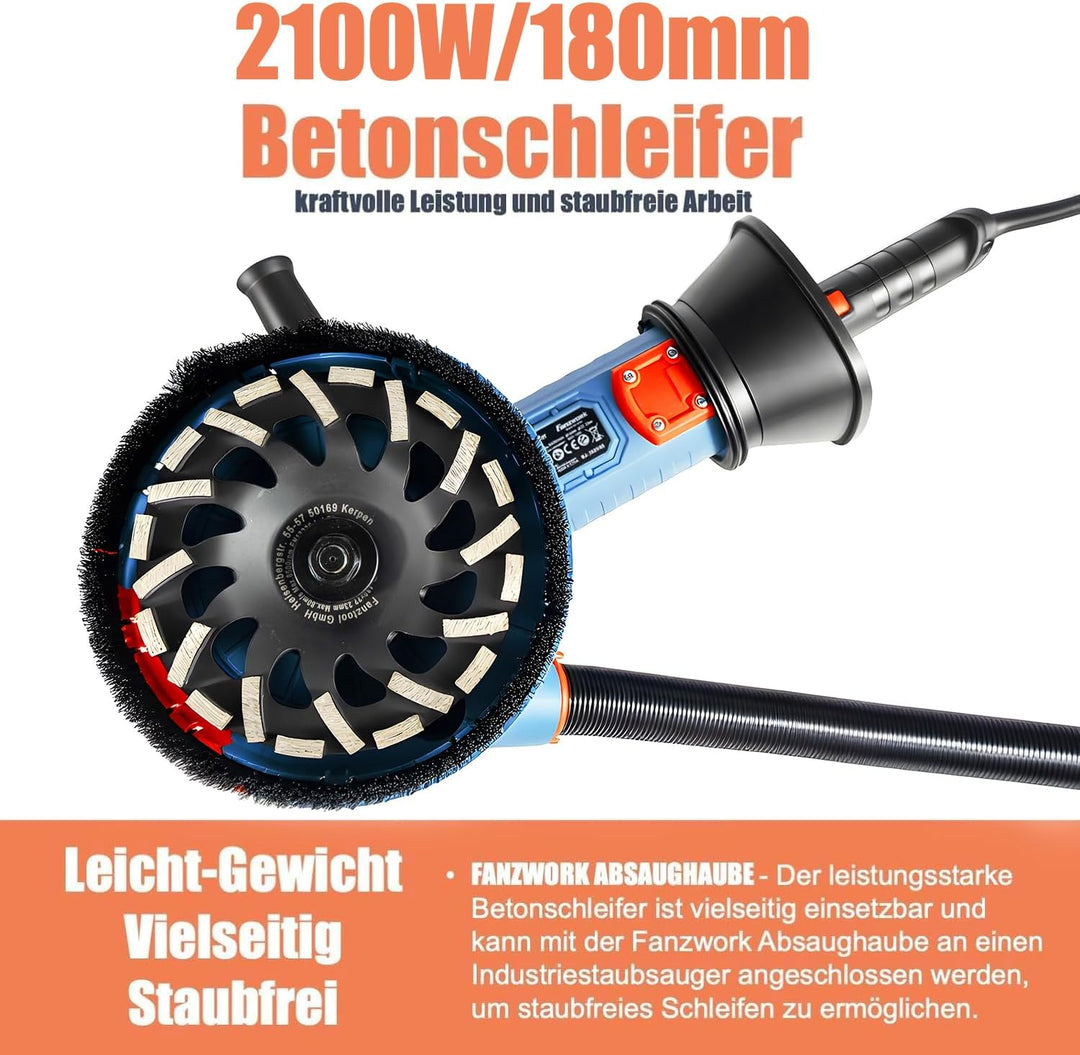 FANZWORK 2100W / 180mm Betonschleifer Betonfräse Set, inkl. Premium 180mm Diamantschleiftopf *2, Abs