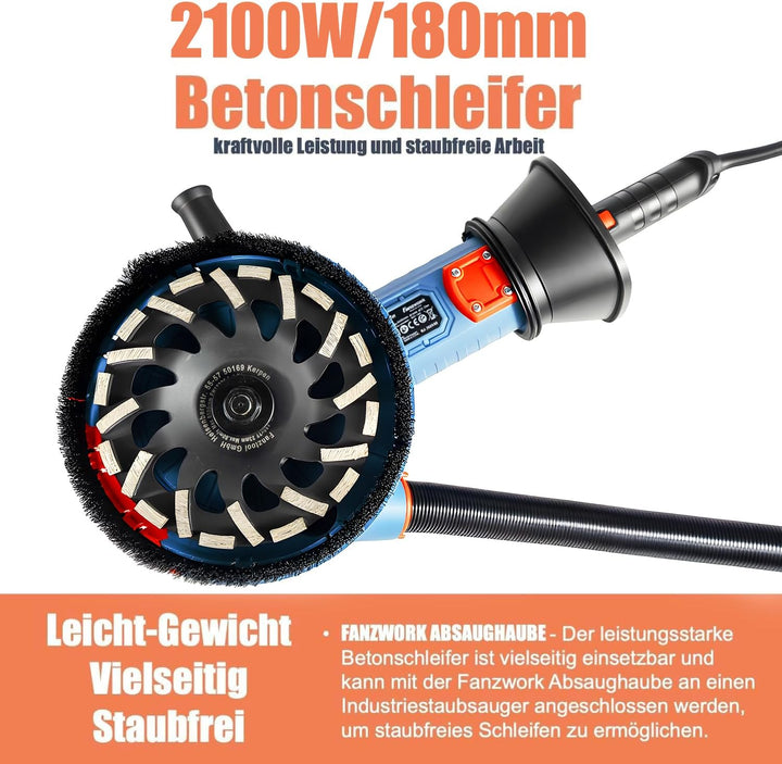 FANZWORK 2100W / 180mm Betonschleifer Betonfräse Set, inkl. Premium 180mm Diamantschleiftopf *2, Abs