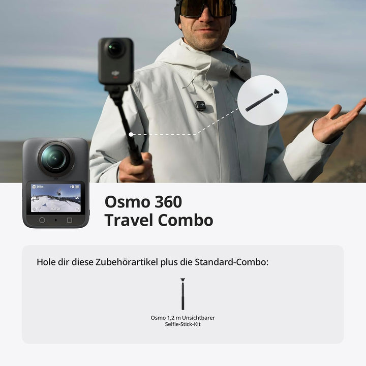 DJI Osmo 360 Skiing Combo, 360 Kamera mit 1-Zoll 360° Aufnahmen, Natives 8K 360° Video, 1,2 m unsich
