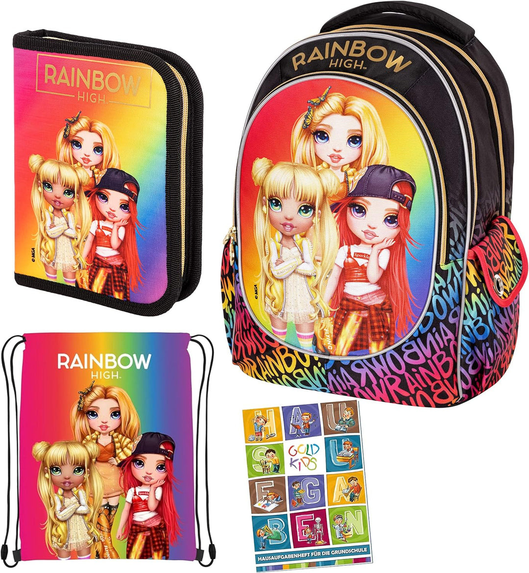Goldkids Set 4er Schulranzen Ranzen Federmappe Turnbeutel Aufgabenheft Rainbow High Motiv geeignet a