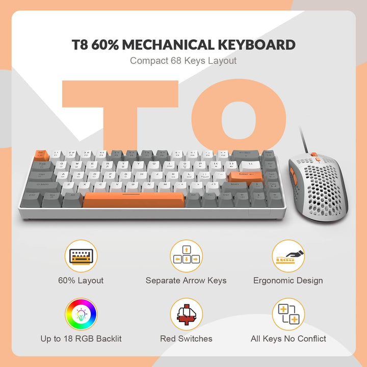 YINDIAO T8 60% RGB Gaming Tastatur und Maus Set + Gewendeltes USB-C Kabel,Kabelgebundene Mechanische