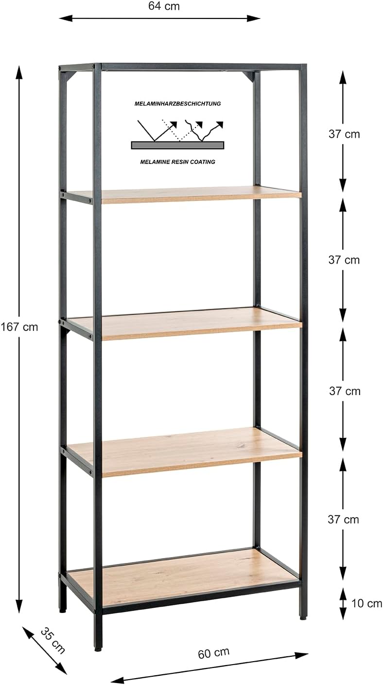 HAKU Regal Eiche hell, schwarz, MDF, Metall - Masse: B 64 x H 167 x T 35 cm, Style: Modern Eiche, Sc