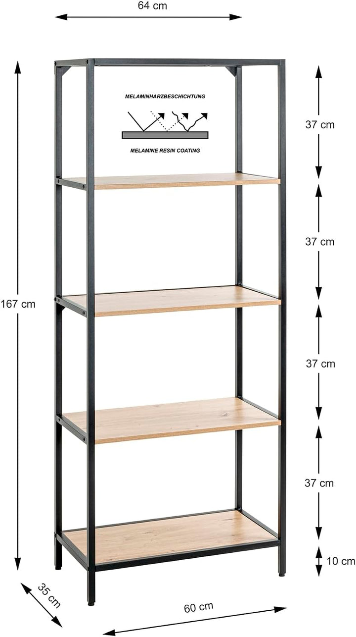 HAKU Regal Eiche hell, schwarz, MDF, Metall - Masse: B 64 x H 167 x T 35 cm, Style: Modern Eiche, Sc