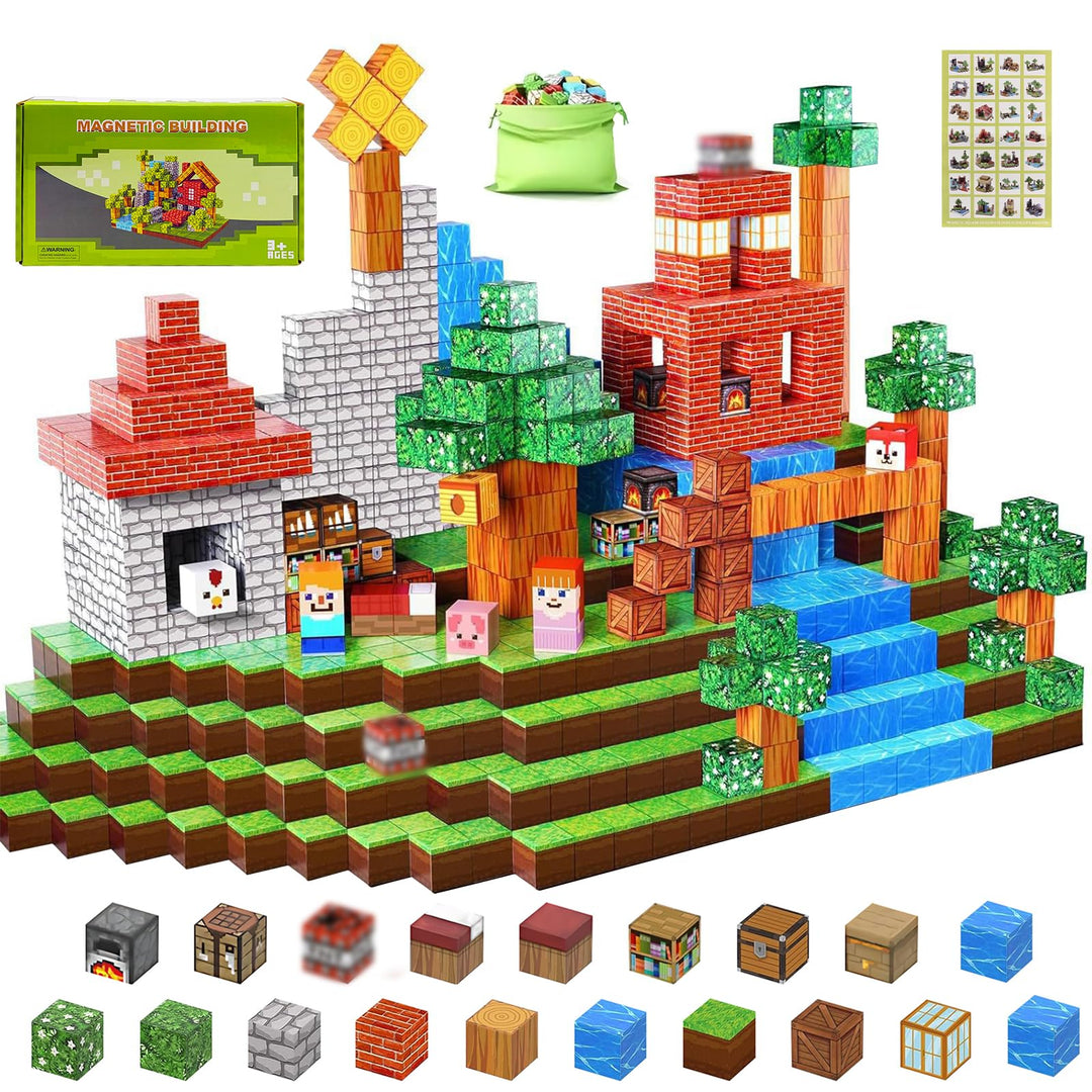 Magnetische Bausteine, 120 Teile Magnetblöcke mit 5 Minifiguren, 10 Aufklebern- Pixel Blocks Design