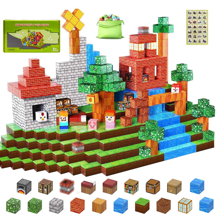 Magnetische Bausteine, 120 Teile Magnetblöcke mit 5 Minifiguren, 10 Aufklebern- Pixel Blocks Design
