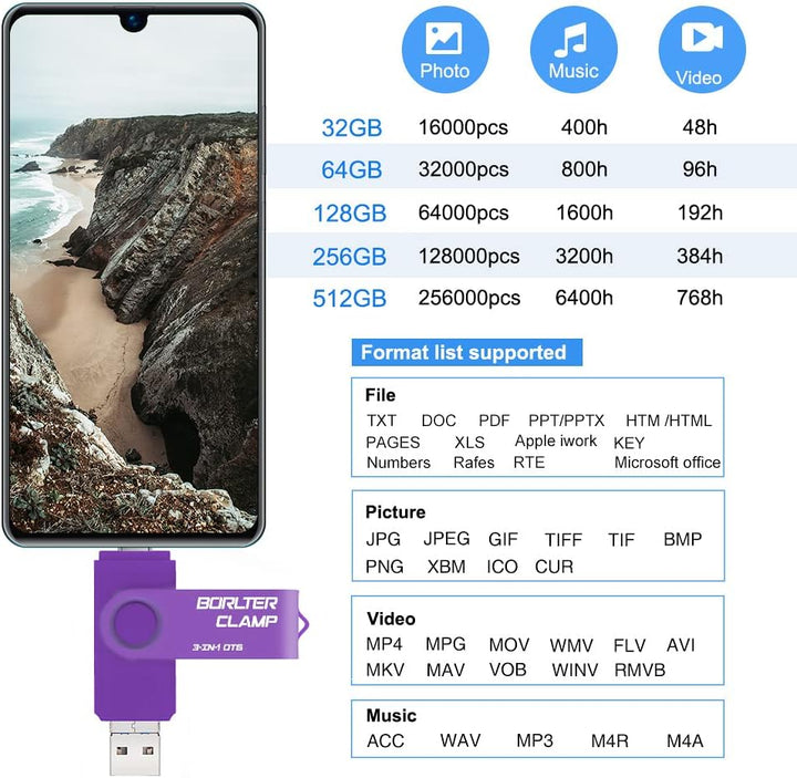 BorlterClamp 256 GB 3-in-1 USB-Stick für Android Handys, OTG 3.0 Flash-Laufwerk Mit 3 Anschlüssen (T