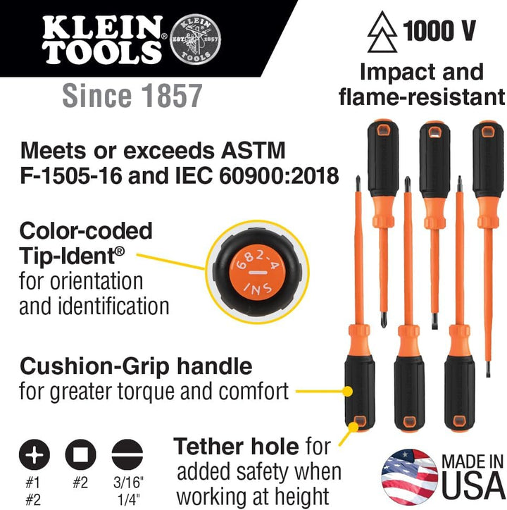 Klein Tools 85076INS Isoliertes Schraubendreher-Set mit 1000-V-Schraubendrehern, (3) Kreuzschlitz- u