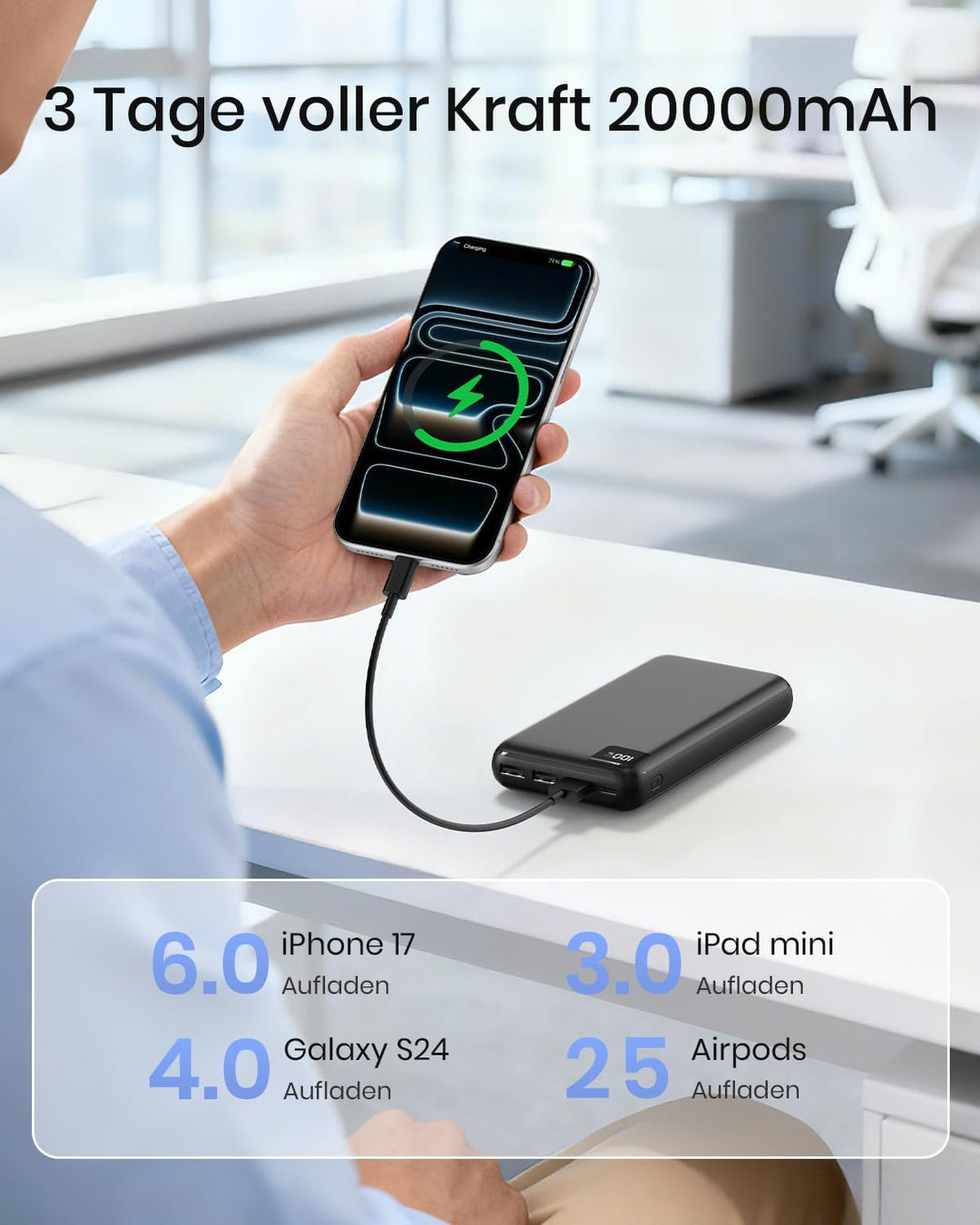 A ADDTOP Power Bank 27000mAh – 22.5W Schnellladefunktion klein Powerbank – Akkupack Externe Handyakk