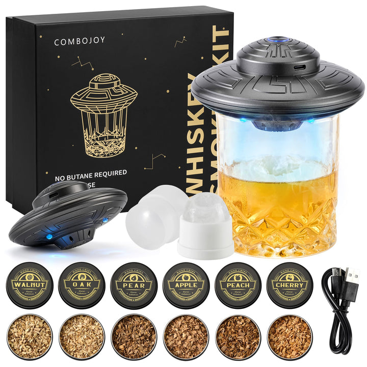ComboJoy Elektrisches Whisky-Räucherkit mit LED, 6 Aromaholzspäne, Whisky-Glas & Eisform, wiederaufl