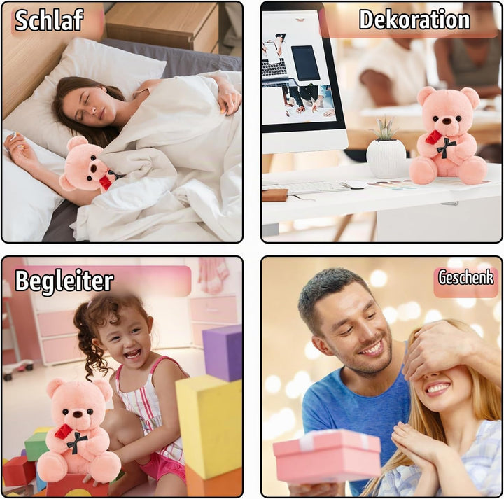 Teddybär mit Rose, Hochzeitstag Geschenke für Frauen, 25cm Rosa Plüschtier Süsse Kuscheltier Teddy m