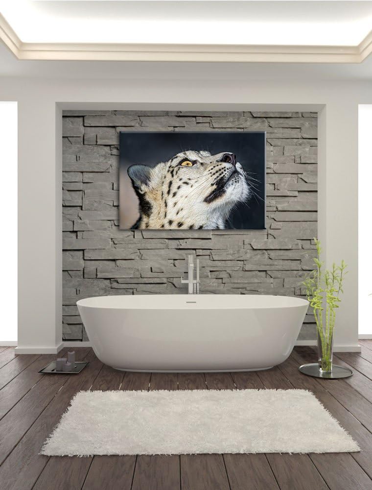 Pixxprint aufschauender Schneeleopard auf Leinwand, XXL riesige Bilder fertig gerahmt mit Keilrahmen