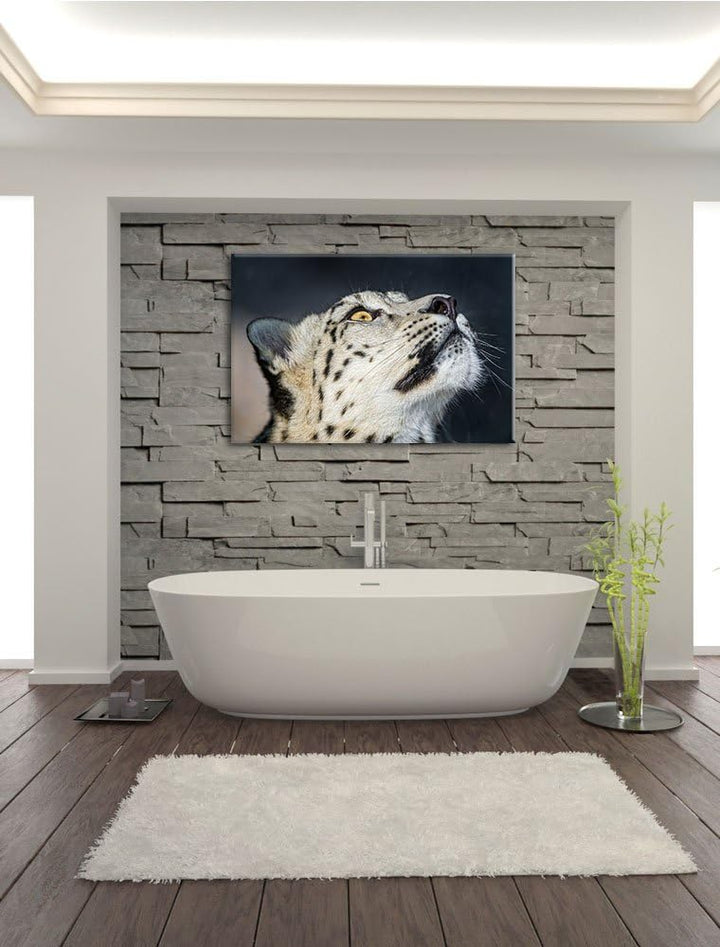 Pixxprint aufschauender Schneeleopard auf Leinwand, XXL riesige Bilder fertig gerahmt mit Keilrahmen