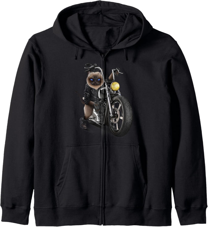 Siamesische Katze, die ein Zerhackermotorrad reitet Kapuzenjacke