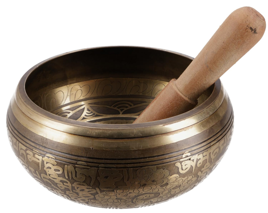 GURU SHOP Klangschale aus Nepal, Handgefertigt aus Massivem Messing mit Verzierungen, Incl. Klöppel
