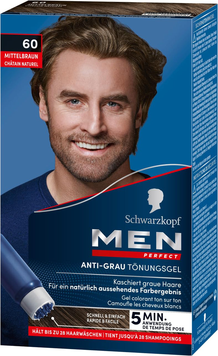 Schwarzkopf Men Perfect Anti-Grau Tönungs-Gel 60 Mittelbraun (3x 80 ml), Haarfarbe für Männer blende