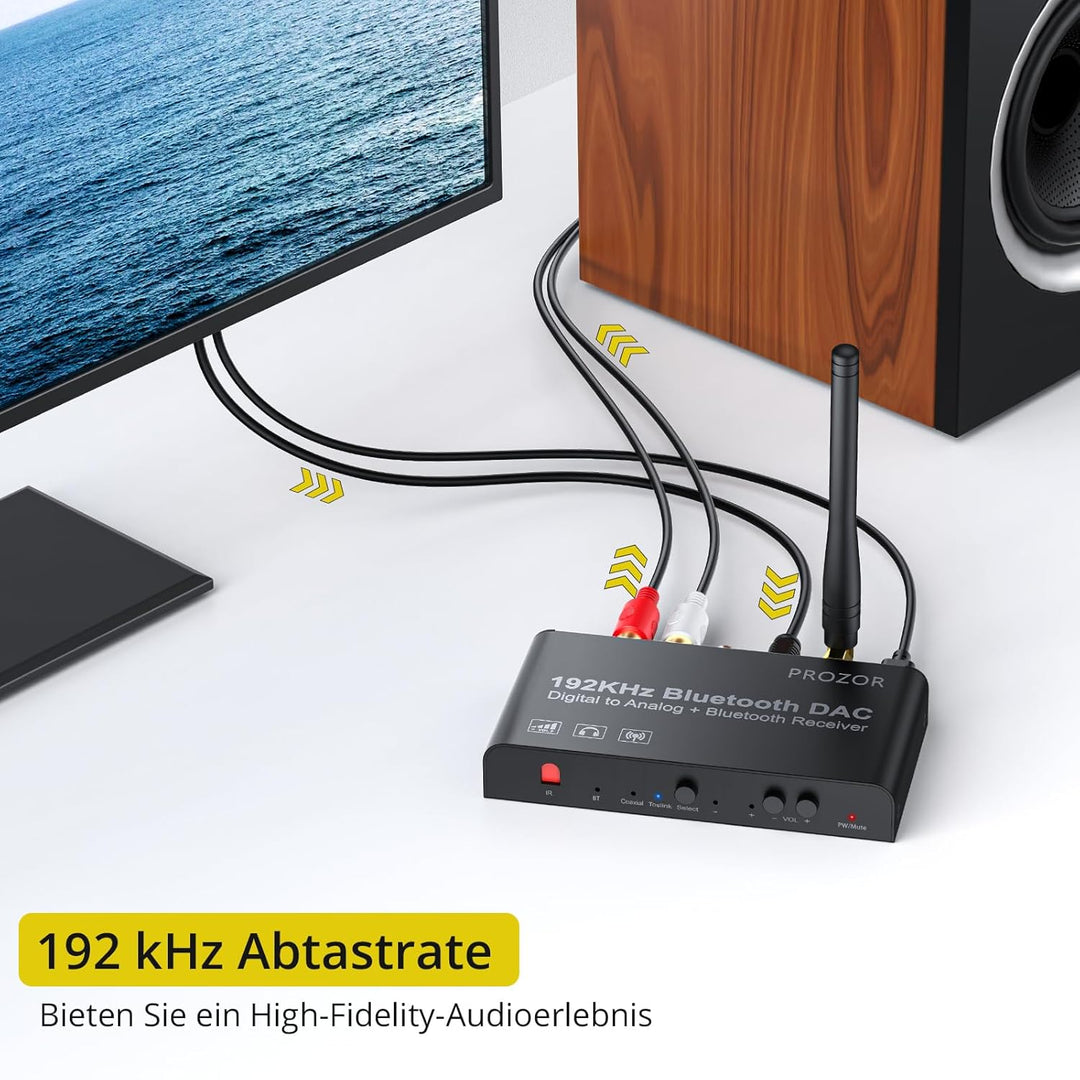 PROZOR DAC Konverter 192kHz Eingebauter Bluetooth V5.0 Empfänger Digital zu Analog Stereo L/R RCA 3.