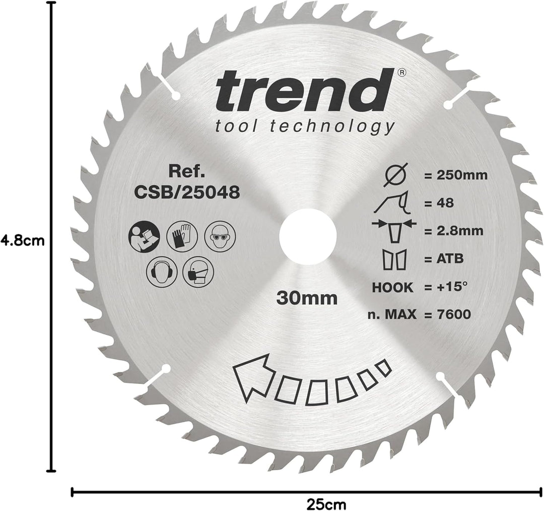 Trend CraftPro Kombinations-TCT-Kreissägeblatt, 250 mm Durchmesser x 48 Zähne x 30 mm Bohrung, Hartm