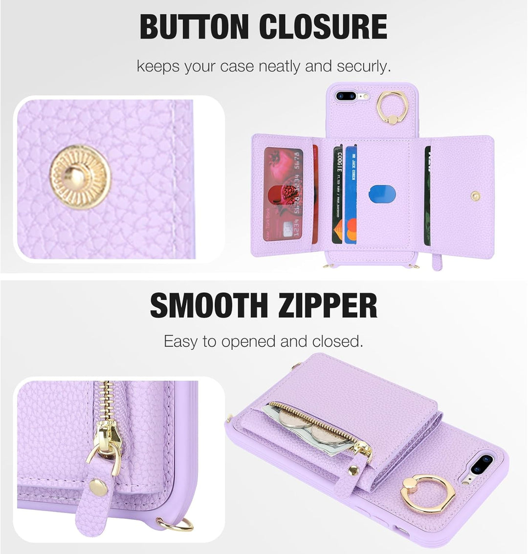 ELTEKER Handyhülle für iPhone 7 Plus/8 Plus Hülle mit Band Kartenfach Handykette Geldbörse,Leder Kla