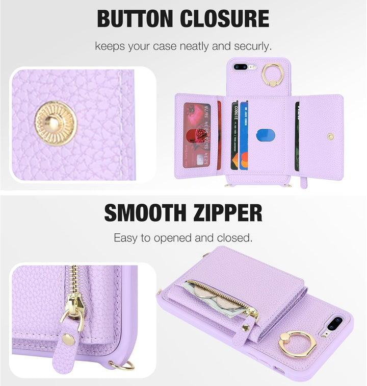 ELTEKER Handyhülle für iPhone 7 Plus/8 Plus Hülle mit Band Kartenfach Handykette Geldbörse,Leder Kla