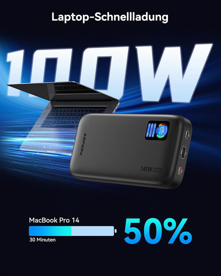 AsperX 100W 24000mAh Powerbank für Laptop MacBook iPad iPhone 17/16/15/14 | Gesamtleistung 145W PD3.