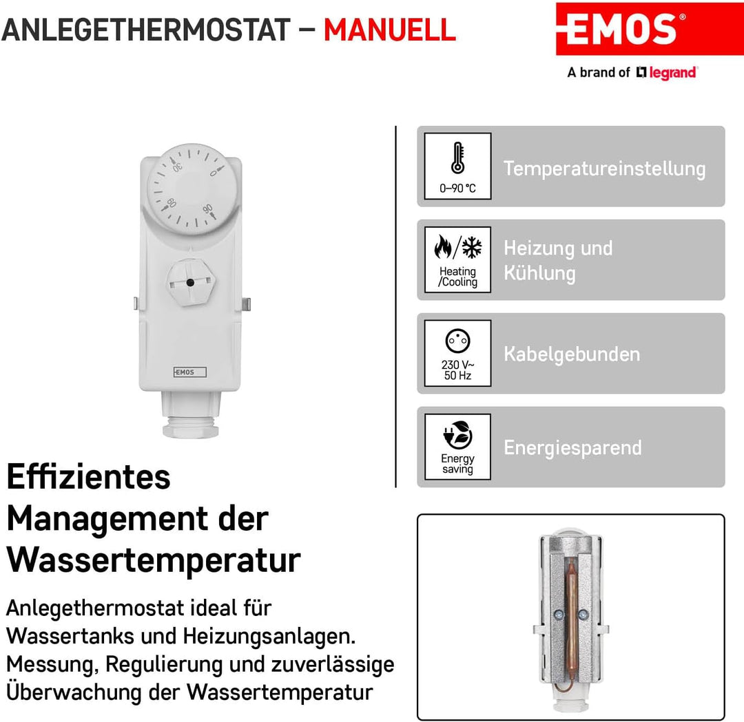 EMOS Anlegethermostat mit Drehknopf und Schraubenfeder, analoger Rohranlegethermostat für Heizung un
