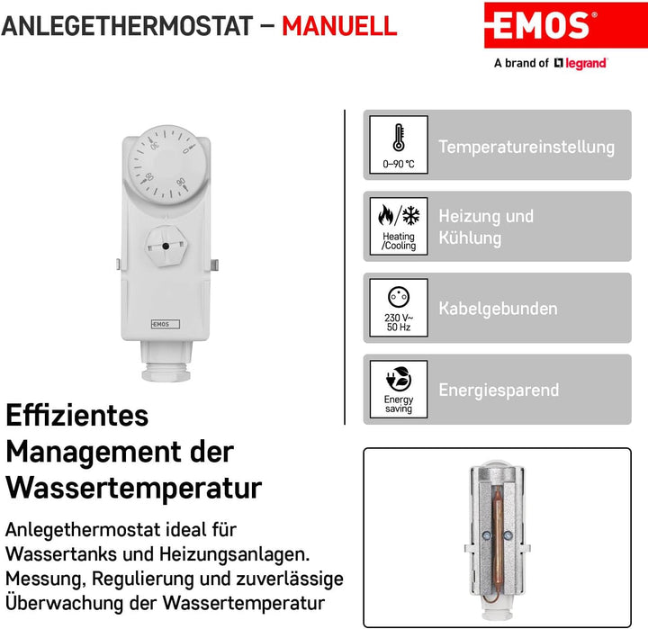 EMOS Anlegethermostat mit Drehknopf und Schraubenfeder, analoger Rohranlegethermostat für Heizung un