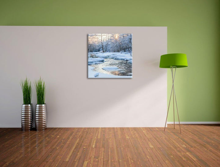 Bach in Winterlandschaft, Format: 70x70 auf Leinwand, XXL riesige Bilder fertig gerahmt mit Keilrahm