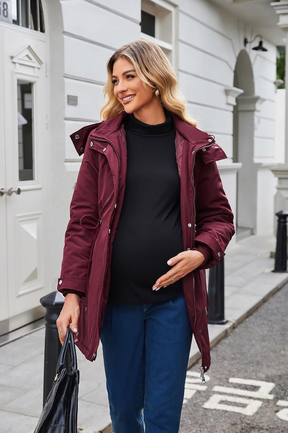 Maacie Wattierte Umstands Baumwolljacke Jacke Stehkragen Wasserdichte Baumwolljacke XL Burgunderrot,