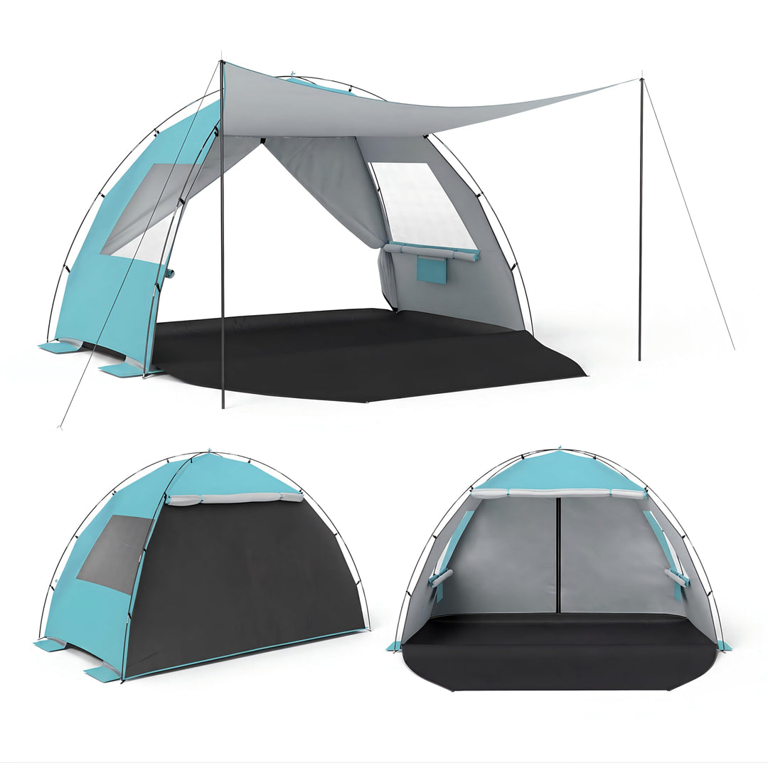 HOMASIS Strandmuschel mit Sonnendach, Strandzelt für 3-4 Personen mit Netzfenstern, 2 Tür & Tragetas