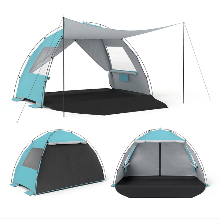 HOMASIS Strandmuschel mit Sonnendach, Strandzelt für 3-4 Personen mit Netzfenstern, 2 Tür & Tragetas