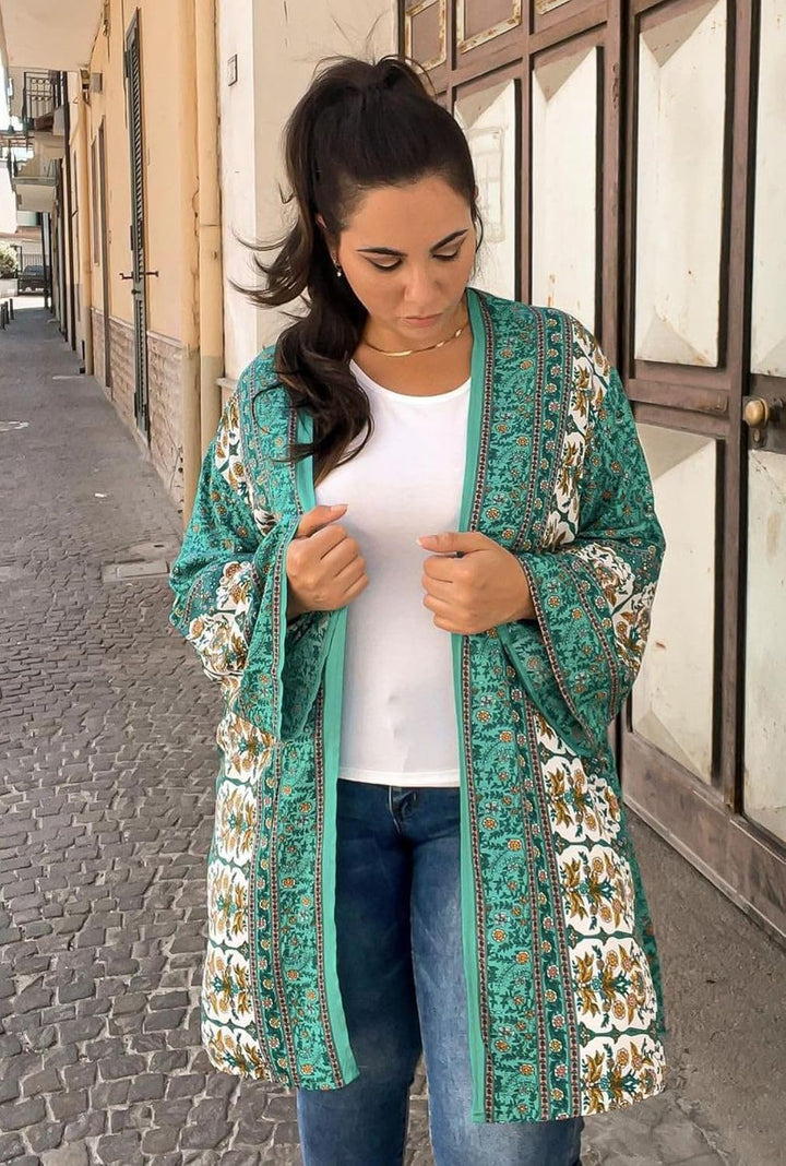 ZANZEA Damen Blumendruck Kimono Strickjacke Boho Strandkleid Pareos Poncho Sommer Strand Cardigan Bi