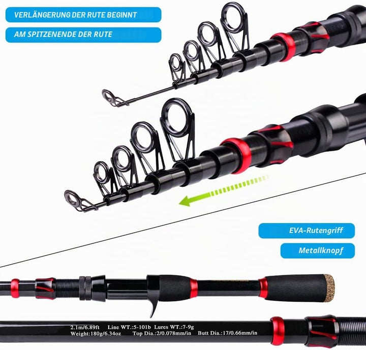 Angelrute und Rolle Combo, 2,1 m Kohlefaser Teleskop Angelrute mit Spinning/Baitcasting Reel Combos,