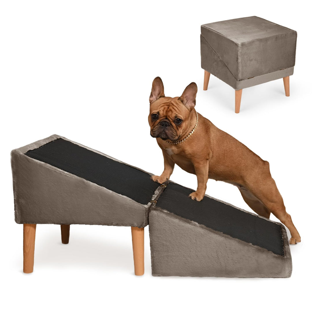 VELORA H&amp;L Hunderampe Hellbraun - 2in1 Hundetreppe und Sitzhocker, Klappbare Einstiegshilfe für Sofa