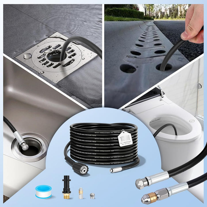 15m Rohrreinigungsschlauch Set, Druckluftschlauch mit Adapter, 2 Düsen (Strahl und Rotationsdüse) un