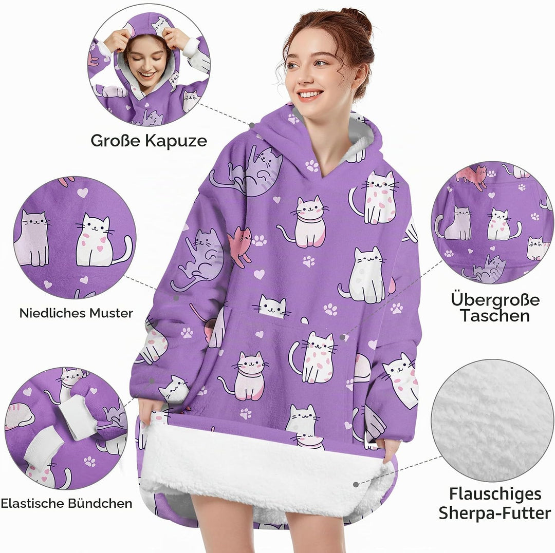 Hoodie Decke Oversize Katze Lila mit Ärmeln Kuscheldecke Deckenpullover für Damen Herren, Tragbare D