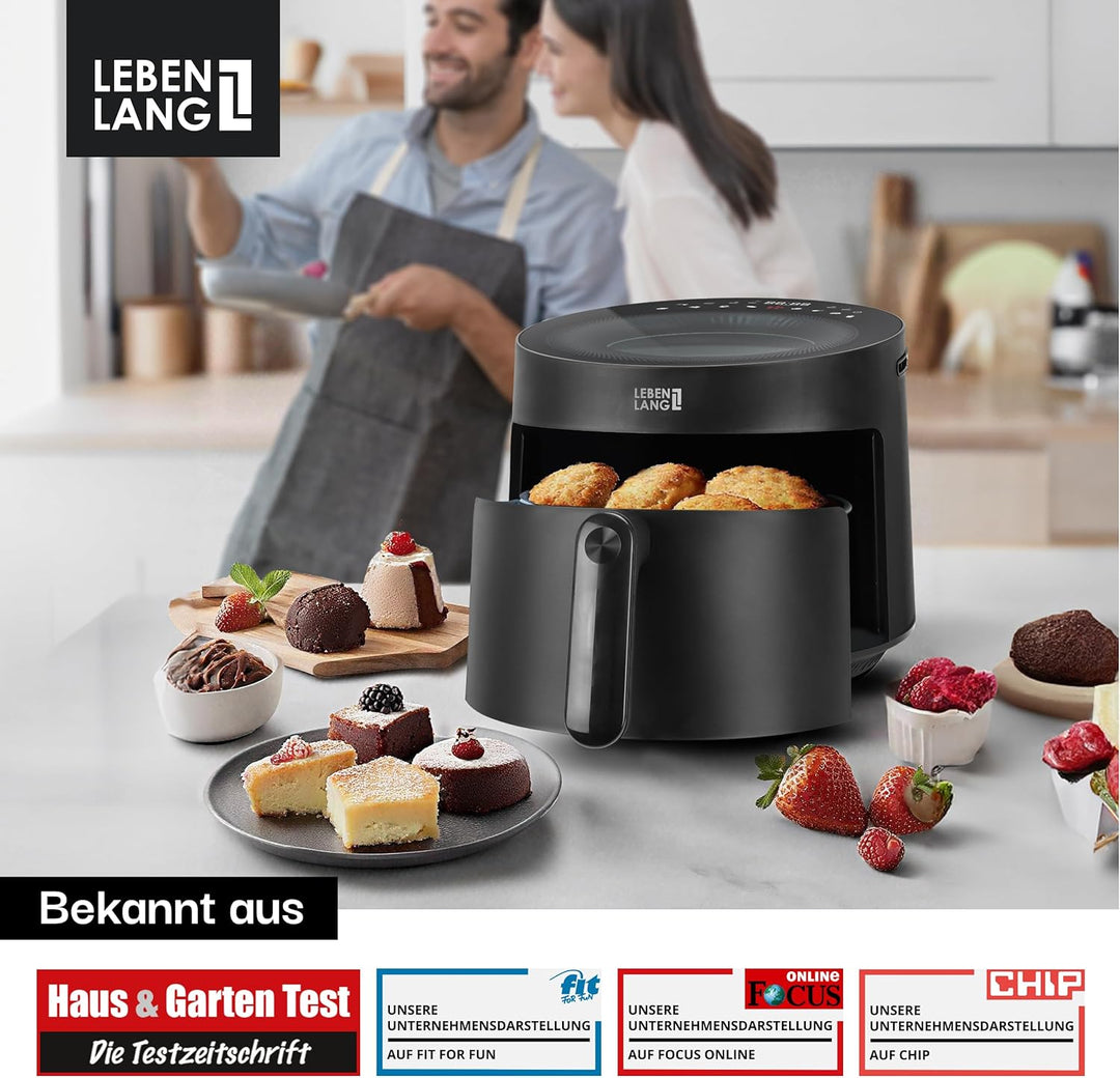LEBENLANG Heissluftfritteuse 5L & 1500W - Inkl. Rezeptbuch & 8 Programme I Ölfreie & Fettfreie Frite