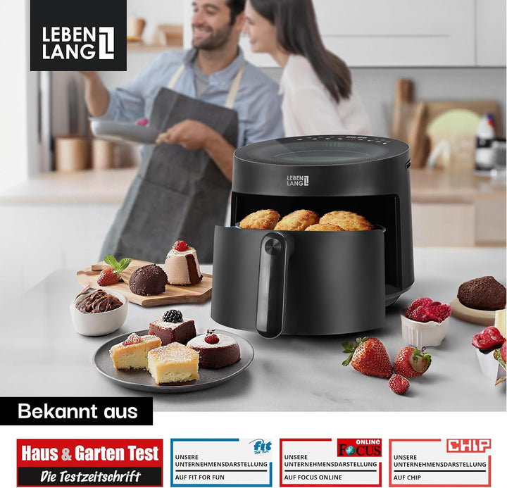 LEBENLANG Heissluftfritteuse 5L & 1500W - Inkl. Rezeptbuch & 8 Programme I Ölfreie & Fettfreie Frite