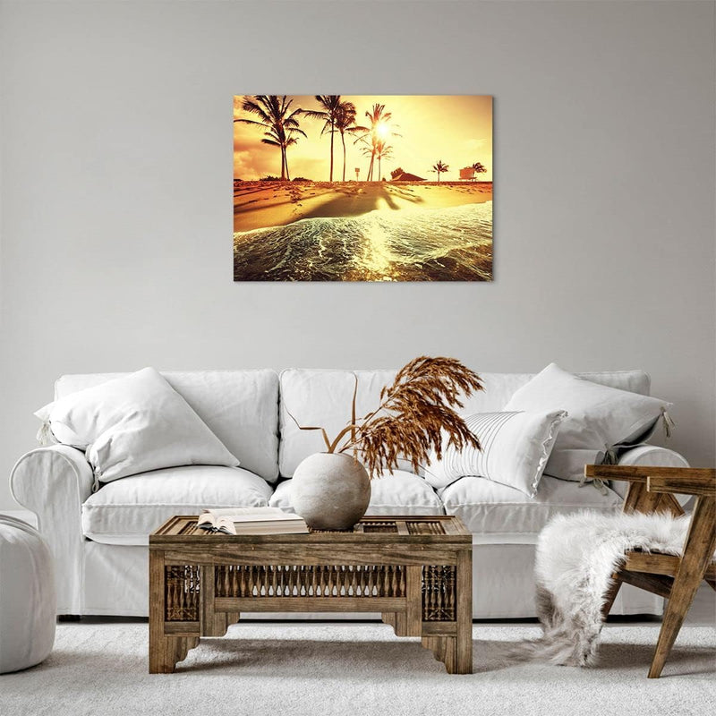 Bilder auf Leinwand Strand Meer Palme Leinwandbild mit Rahmen 70x50cm Wandbilder Dekoration Wohnzimm