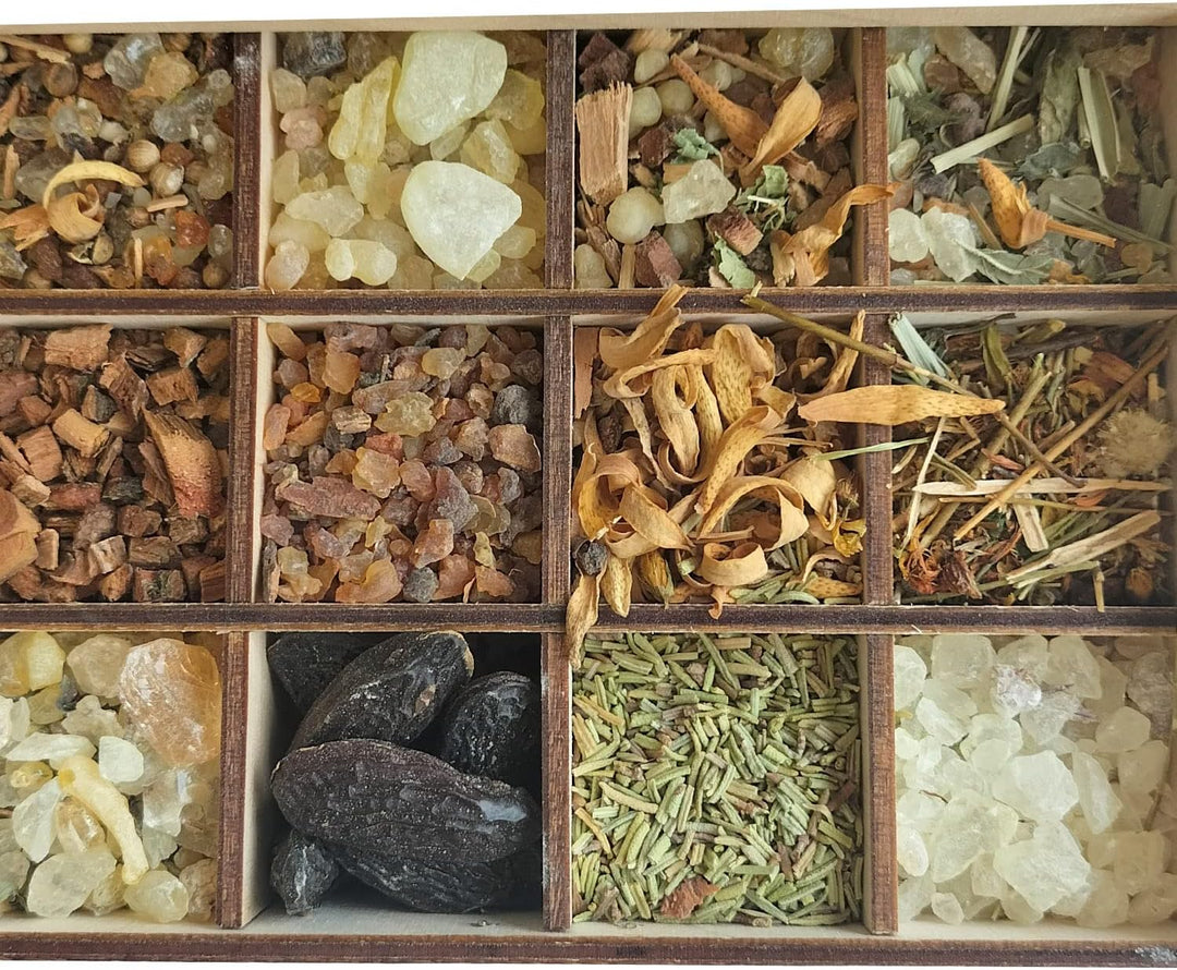 Räucherbox Geschenkbox mit 12 Sorten Räuchermischungen Energie & Zuversicht, 14 x 10 x 4 cm, Energie