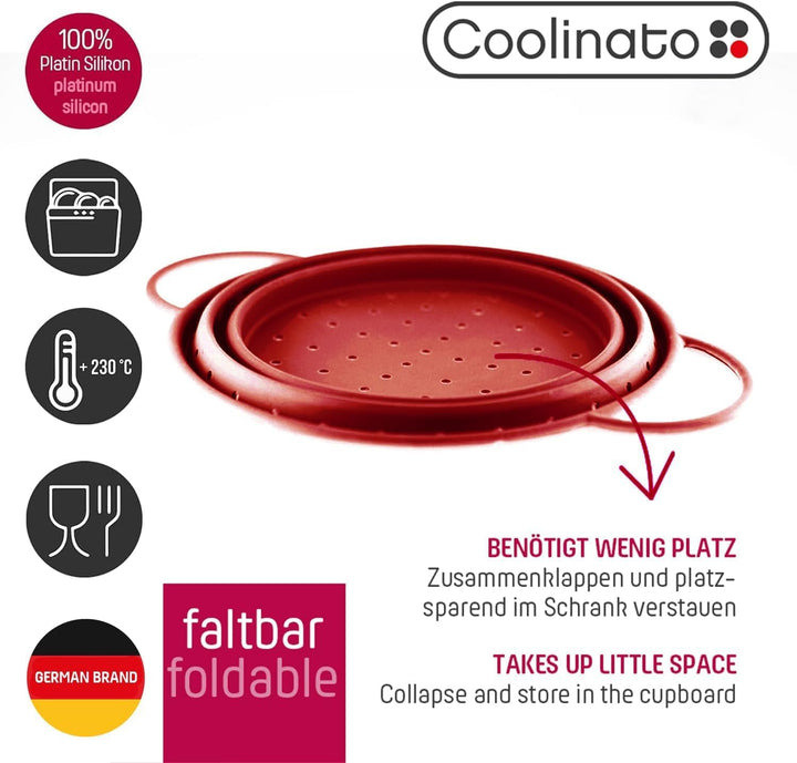 Coolinato Sieb aus Silikon 3er Set, faltbar spülmaschinenfest, Nudelsieb Abtropfsieb Dampfgar Einsat