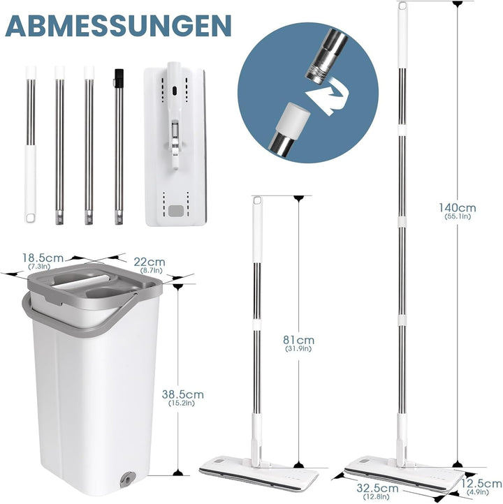 Masthome Flacher Wischmopp und Putzeimer Set,Flach Mopp Bodenwischer Putzset für Nass- Trockennutzun