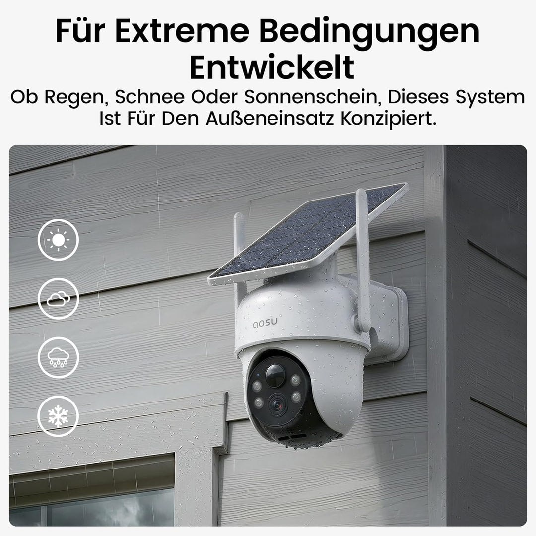 aosu 2K Überwachungskamera Aussen Solar Akku, 4 Cam-Kit & aosuBase, Keine Gebühren, 360° Panorama Ka