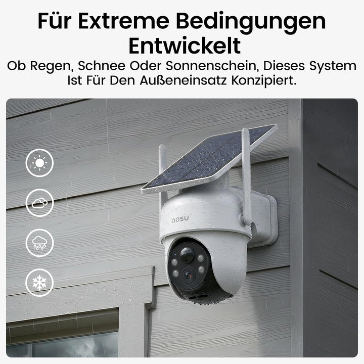 aosu 2K Überwachungskamera Aussen Solar Akku, 4 Cam-Kit & aosuBase, Keine Gebühren, 360° Panorama Ka