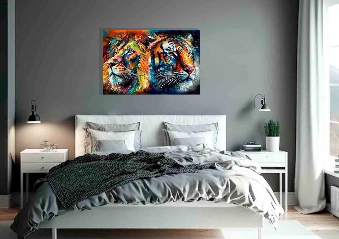 Artley Prints - Löwe und Tiger Collage Bunte Leinwandbilder für Wohnzimmer - Wandkunst für Schlafzim