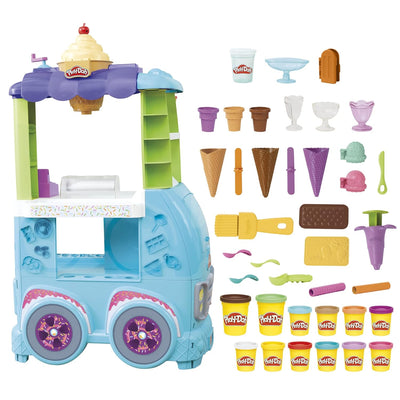 Play-Doh Kitchen Creations Grosser Eiswagen, Spielset mit 27 Accessoires, 12 Dosen und realistischen