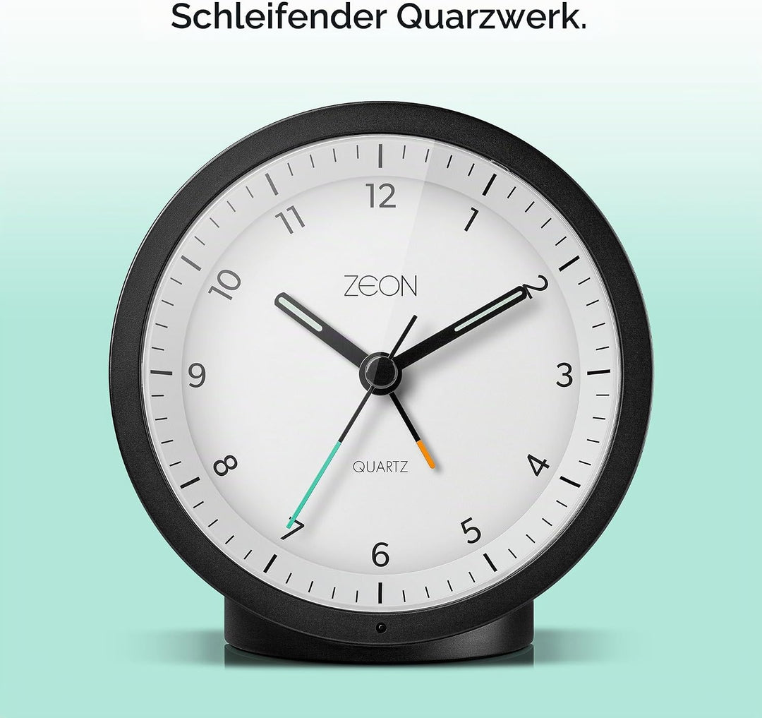 ZEON runder analoger Wecker mit Licht- und Schlummerfunktion, geräuschloser, batteriebetriebener Nac