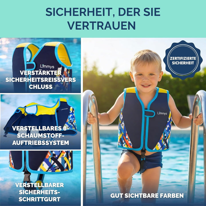 Limmys Premium Neopren Schwimmweste - Ideale Schwimmhilfe für Jungen - Extra Kordelzugtasche