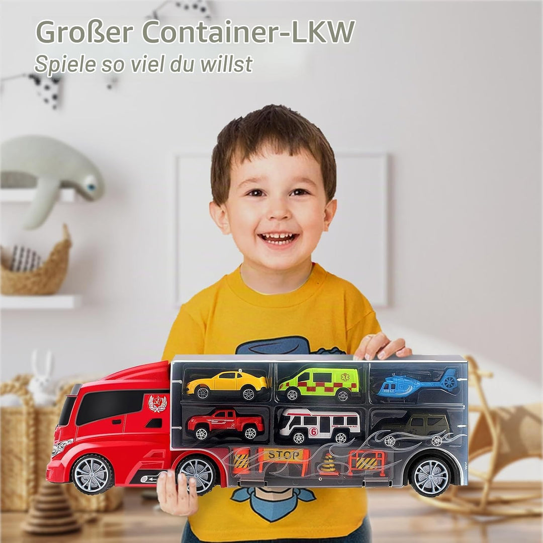 deAO Transporter-LKW-Tragetasche für Autos Spielset-Träger mit insgesamt 12 verschiedenen Fahrzeugen
