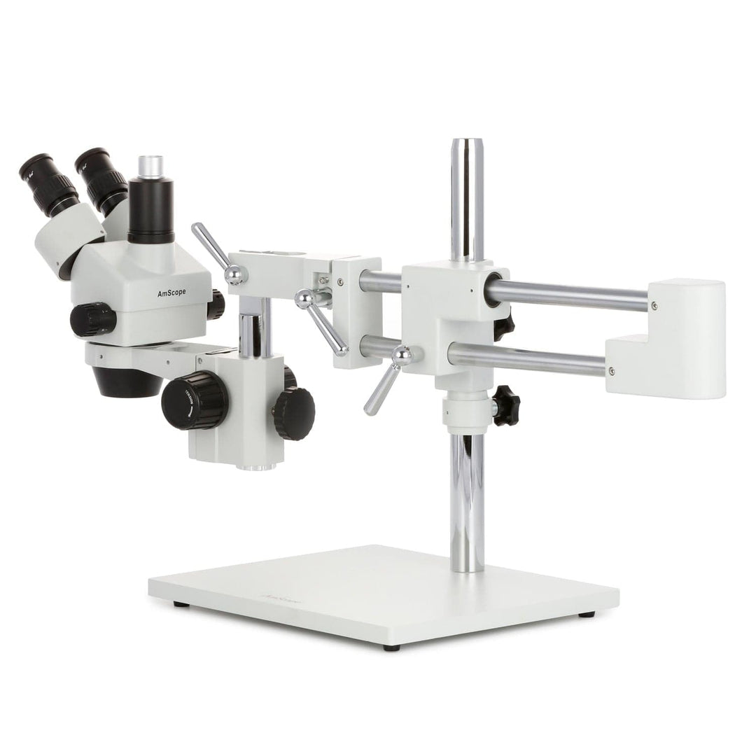 AmScope SM-4T Trinokulares Stereo-Zoom-Mikroskop mit Doppelarm-Ausleger, 7X-45X, Weiss